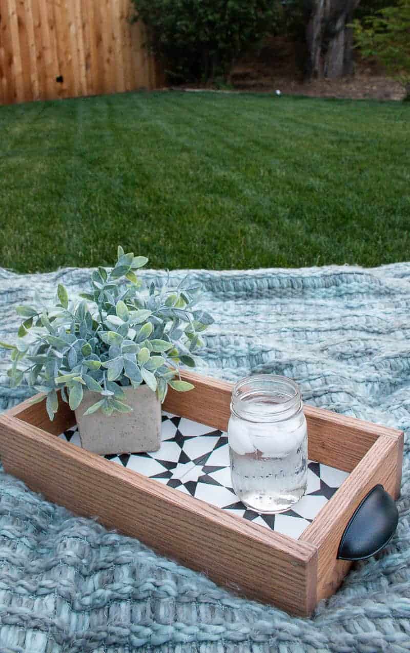 diy serving tray on the on the picnic blanket with iced water and succulent in what to do with leftover tiles.