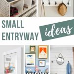 Cubby storage, diy mirror with hooks, diy mirror with hooks, stripe ikea shoe box and sharpie shiplap entryway with text overlay that says Small Entryway Ideas