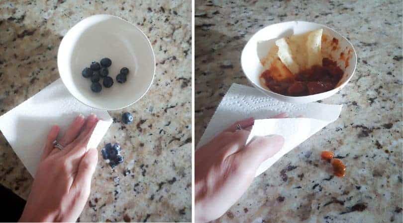 Collage of woman hand wiping the food mess on the table with the paper towel