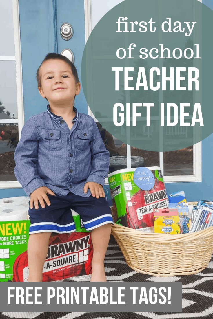 Preschooler boy sitting on top of a tissue paper packs with a teacher gift basket with text overlay that says First Day of School Teacher Gift Idea Free Printable Tags!