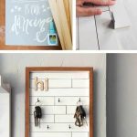 First photo shows glue mini shiplap and leather craps, second photo shows attaching the mini shiplap inside the frame and last photo shows finished DIY key holder