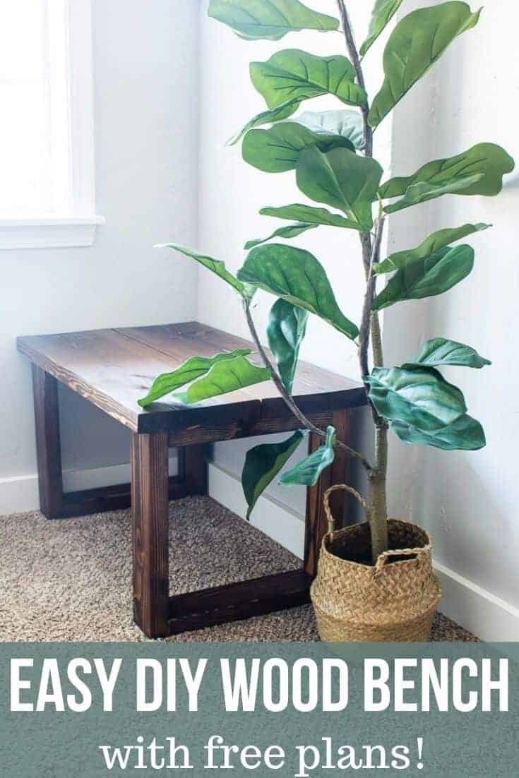 Small entryway bench and an indoor plant with text overlay that says Easy DIY Wood Bench with Free Plans!