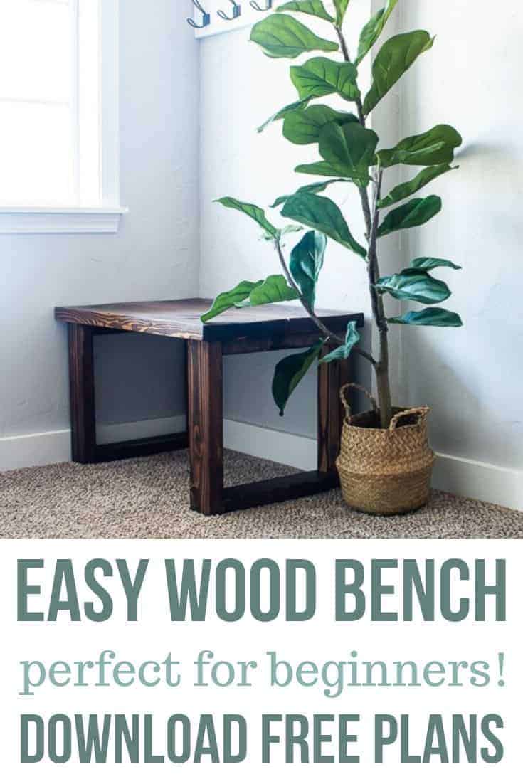 Wood bench on the entryway with a fiddle leaf fig tree on the side with text overlay that says Easy Wood Bench Perfect for Beginners Download Free Plans