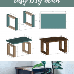 Collage of sketched woodworking plans for DIY bench with text overlay that says Free Woodworking Plans Easy DIY Bench