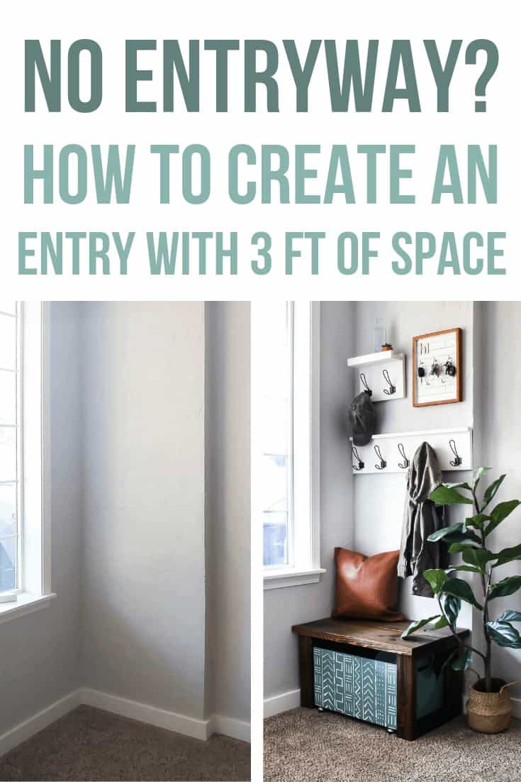 Before image of plain corner of the entryway and after image of the entryway design with coat racks, key holder, leather pillow, wooden bench, wooden shoe storage and indoor plant with text overlay that says No Entryway? How to create an entryway with 3 Feet of Space