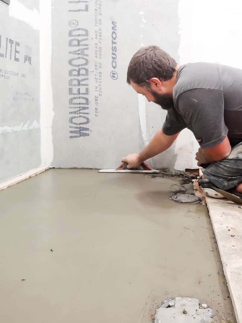 During our bathroom renovation, we're cementing the shower pan in what will eventually be our new bathroom show