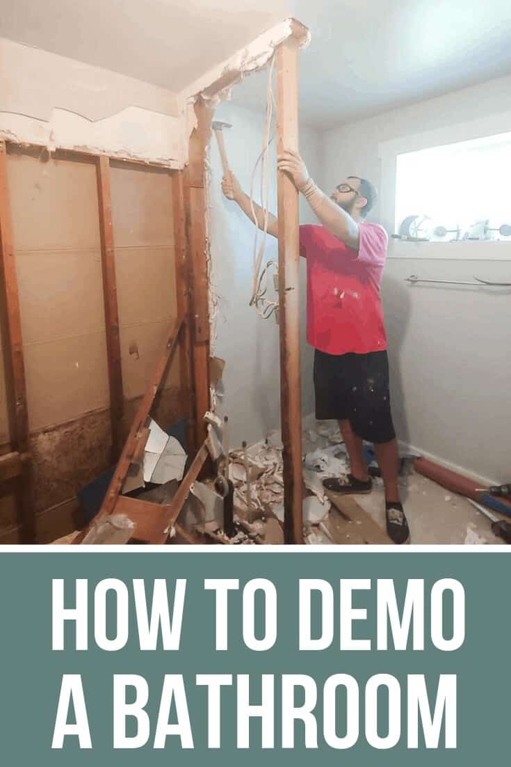 Removing the walls with text overlay that says How to Demo a Bathroom