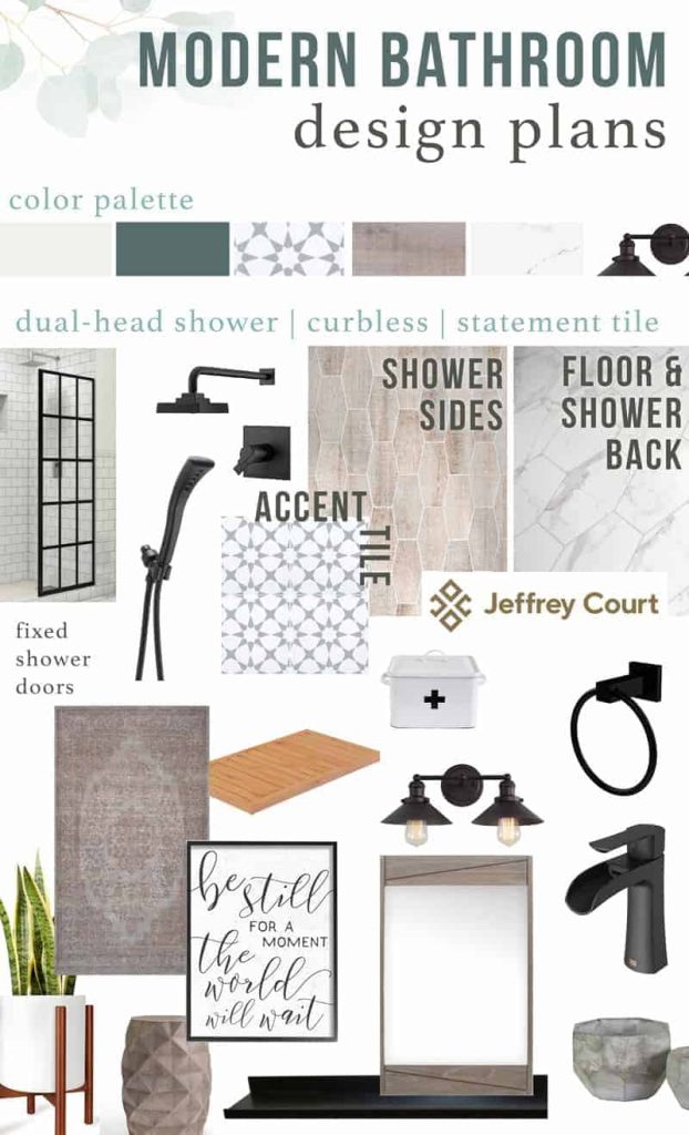 An interior design mood board for a modern style bathroom, including tile samples, decor, fixtures and more.