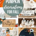 Collage of pumpkin figurine, knitted pumpkin, pumpkin printable, fall wooden sign, pumpkin doormat, pumpkin farmhouse decors, spice holder and