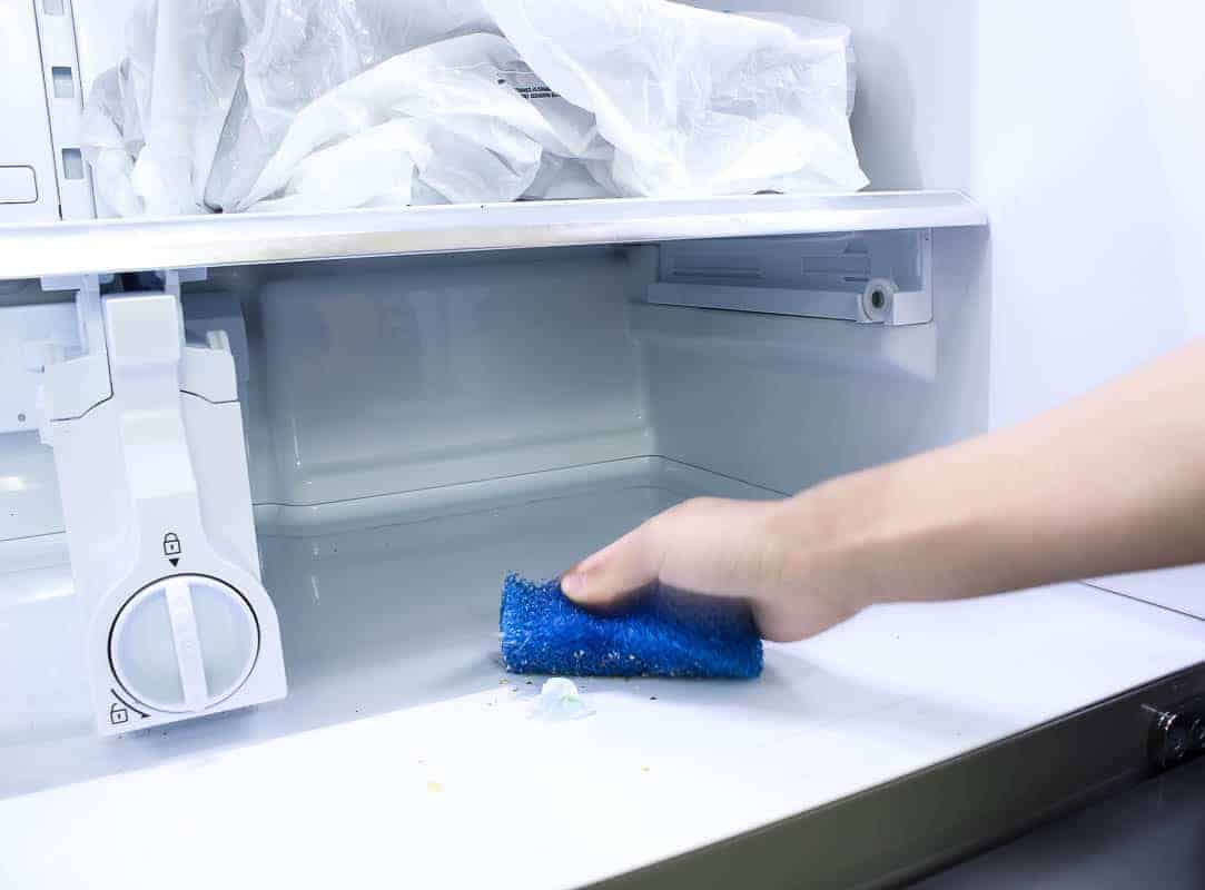 Wiping out the remaining crumbs from the inside of the fridge using the scrubber sponge 