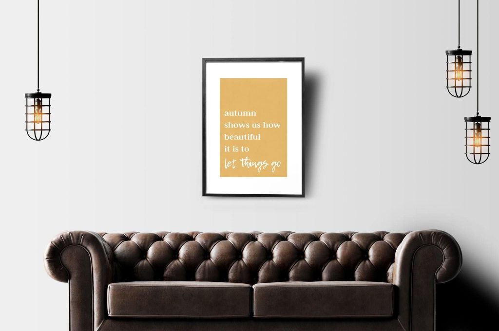 A photo frame with printable quotes is displayed in the living room.