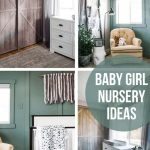 Collage of 4 images showing baby girl nursery ideas with white nursery furniture, faux barn door for closet doors, tan rocker with black floor lap, boho wall hanging over crib and white dresser with text overlay that says baby girl nursery ideas