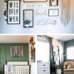 Collage of three images full of baby girl room decor ideas with gallery wall art, white crib and vintage style area rug