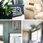 Collage of three images showing book storage basket next to rocker in nursery, white crib with blanket against green accent wall and large white dresser under window the gray curtains