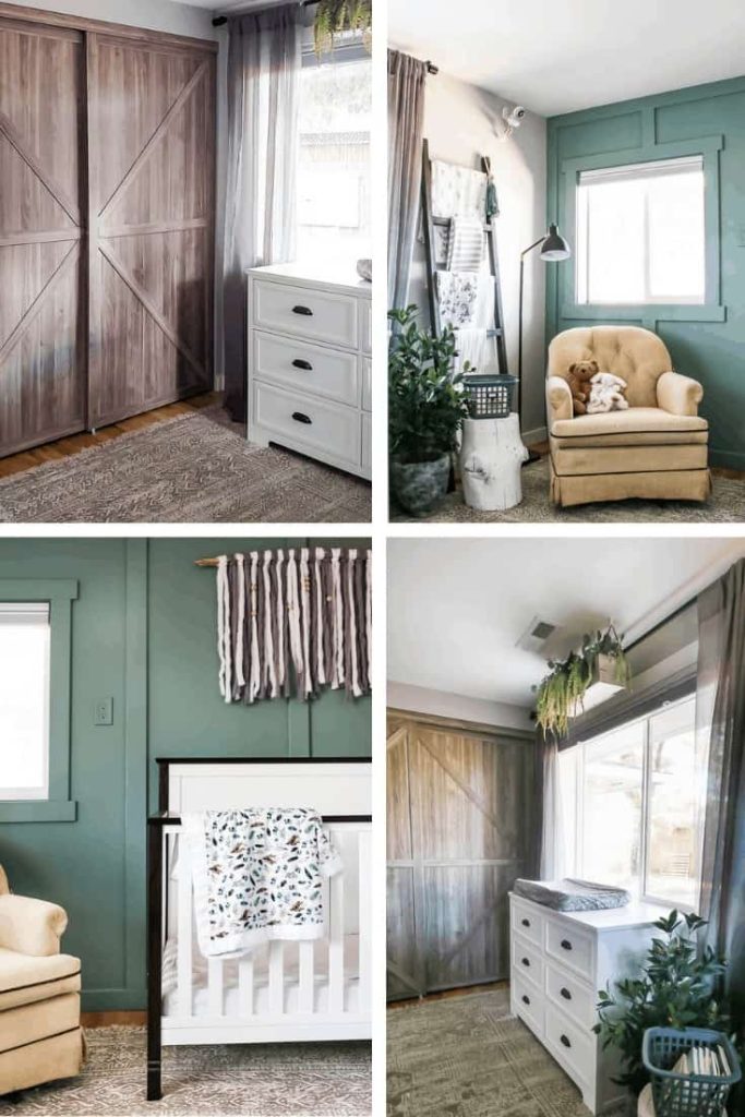 Mix of 4 images showing boho style nursery for baby girl with green accents and white nursery furniture