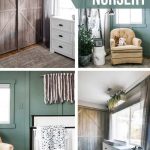 Collage of 4 boho nursery ideas showing barn door closet doors, tan rocker with blanket ladder, white crib against green accent wall and large window over white dresser with black cup pulls