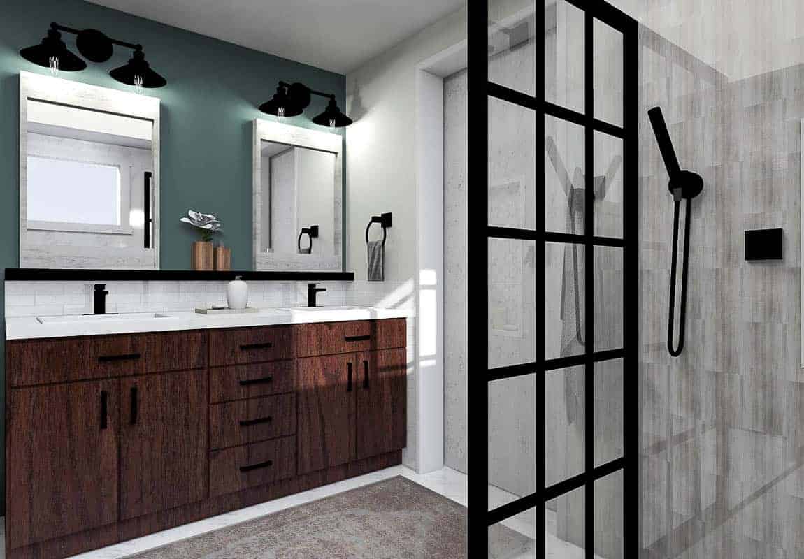 Final render of the modern bathroom design showing the vanity area