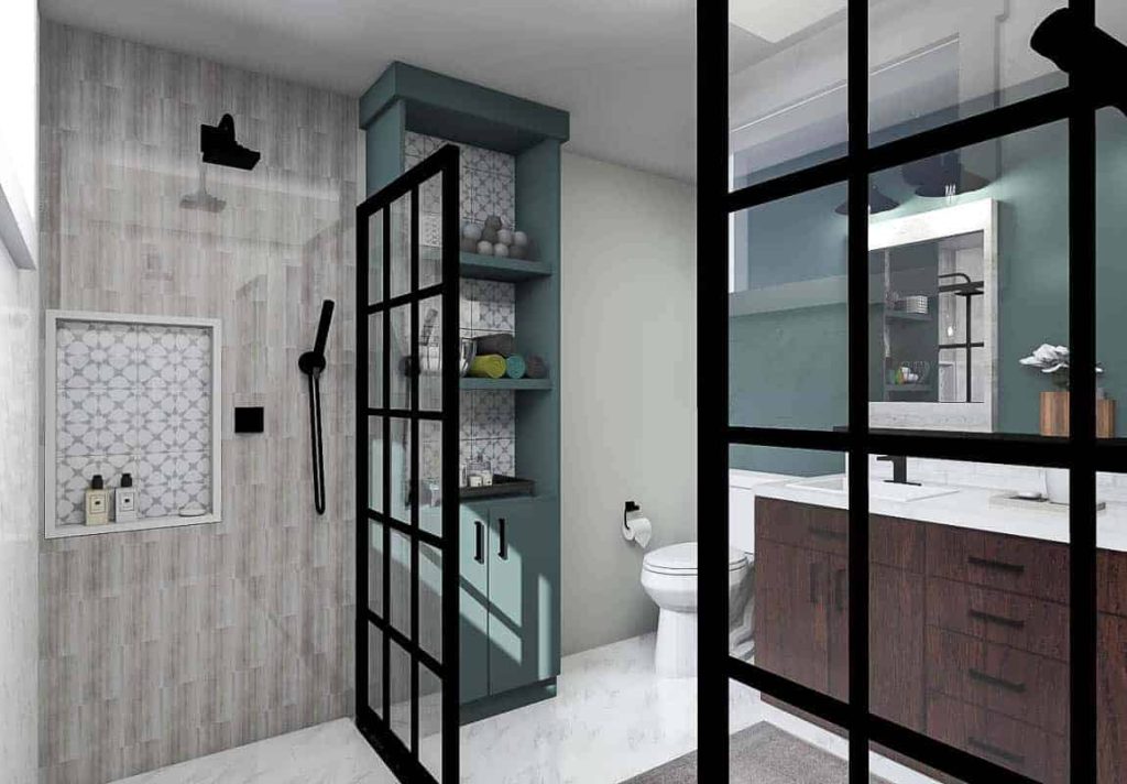 A digital rendering of a bathroom design