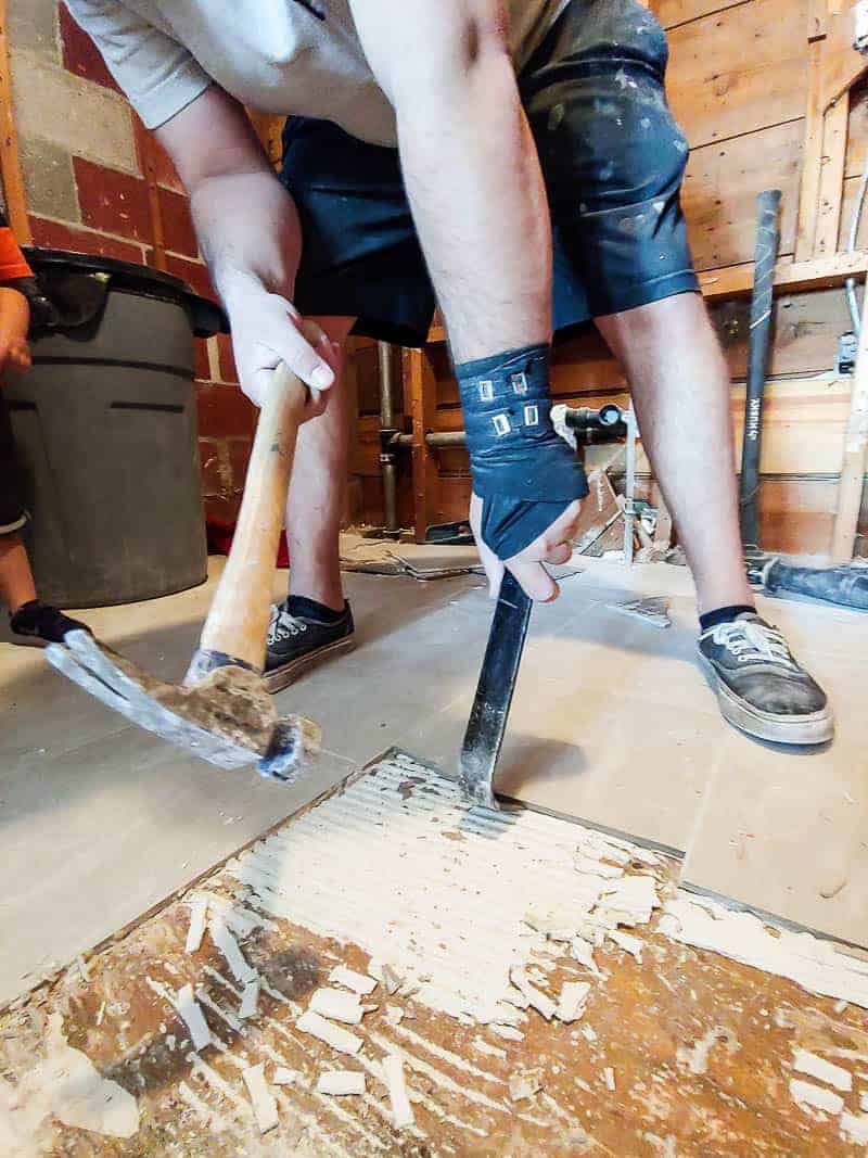 If you're demoing a bathroom, you will likely have to remove tile floor using a  hammer and crow bar.