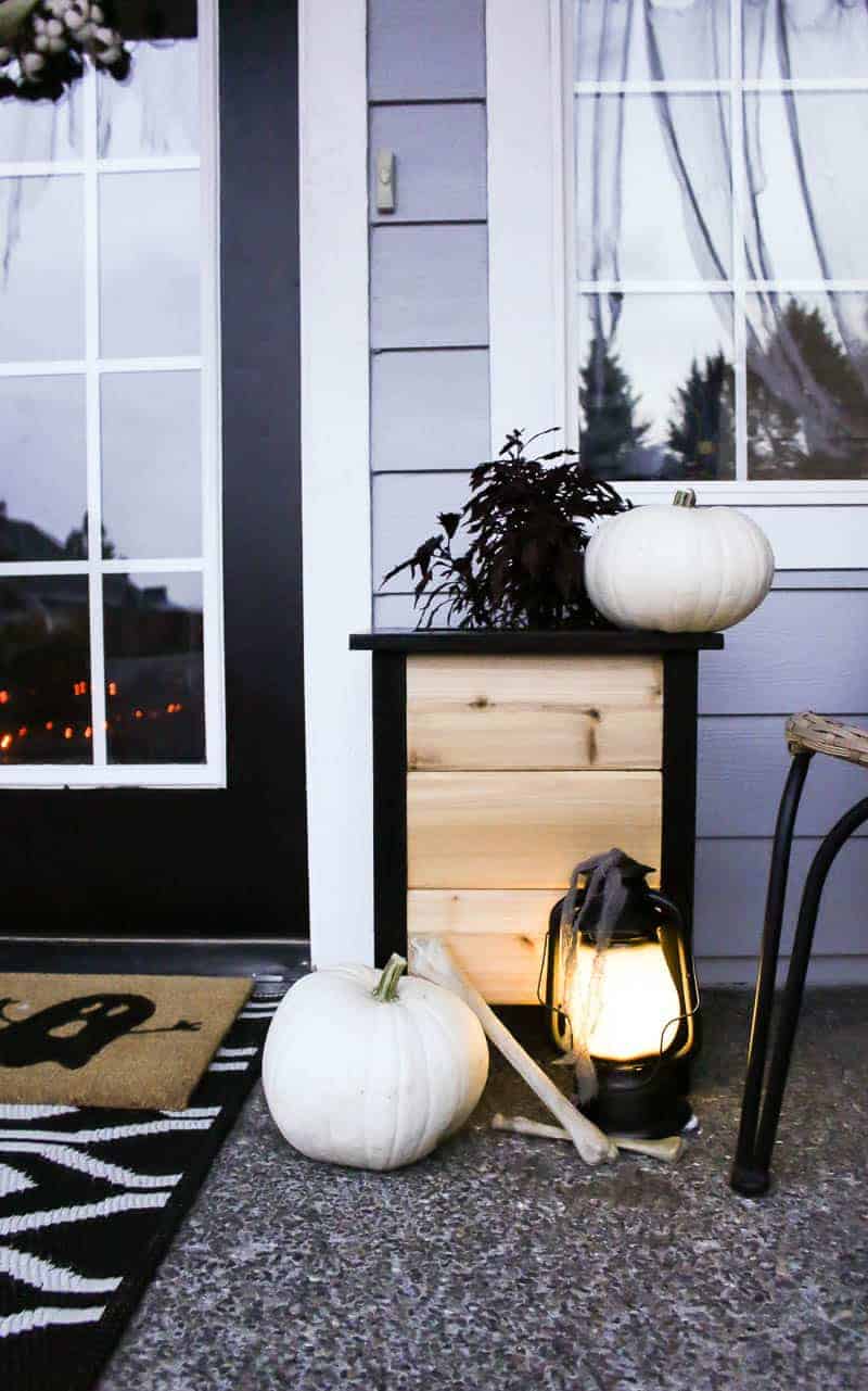 Other side of the door showing the wooden plant box with 2 pumpkin and a lamp