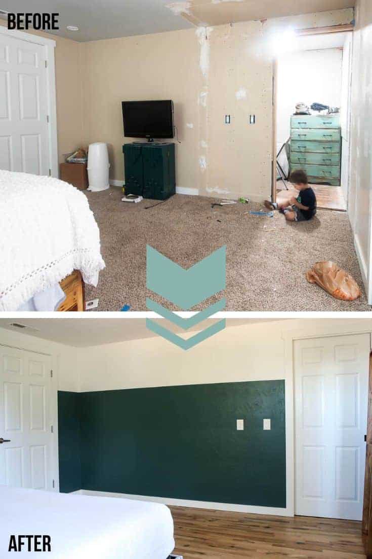 A pair of photos showing the before and after of our master bedroom makeover; before painting the walls and after painting two toned walls with white and jade paint