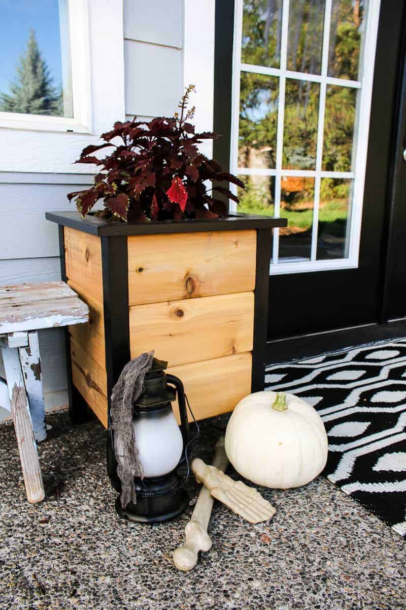 Plant box beside the lamp and pumpkin with skeleton hand for the Halloween Porch Decor