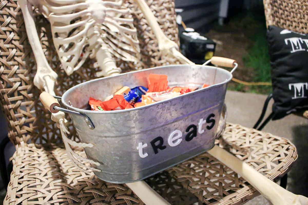 Metal tub with candies inside for treats