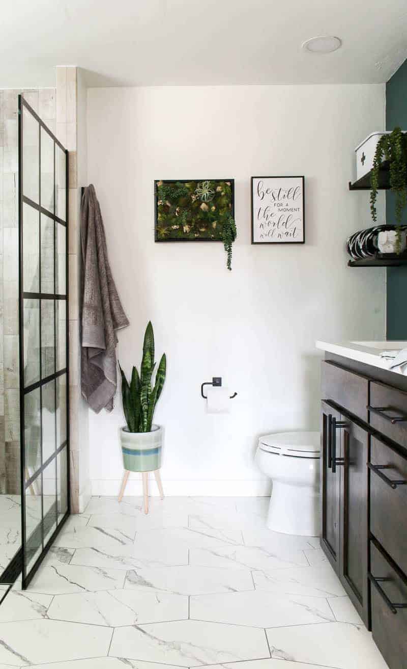 straight on view of bathroom renovation with white hexagon tile floor, shower door with black windowpane on the left, snake plant and hanging towel, succulent vertical garden in frame and toilet with dark wood vanity on the right