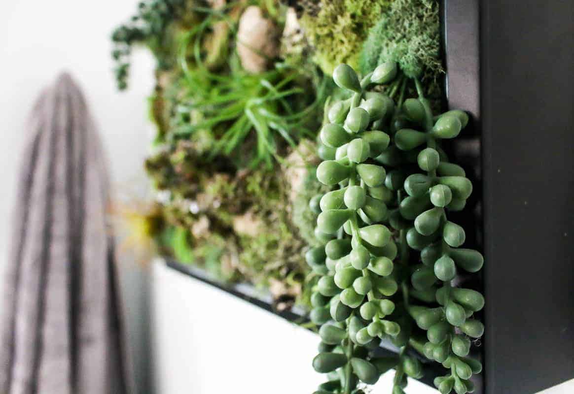 A closer look at some of the faux dew-drop succulents used in our fake succulent wall decor.