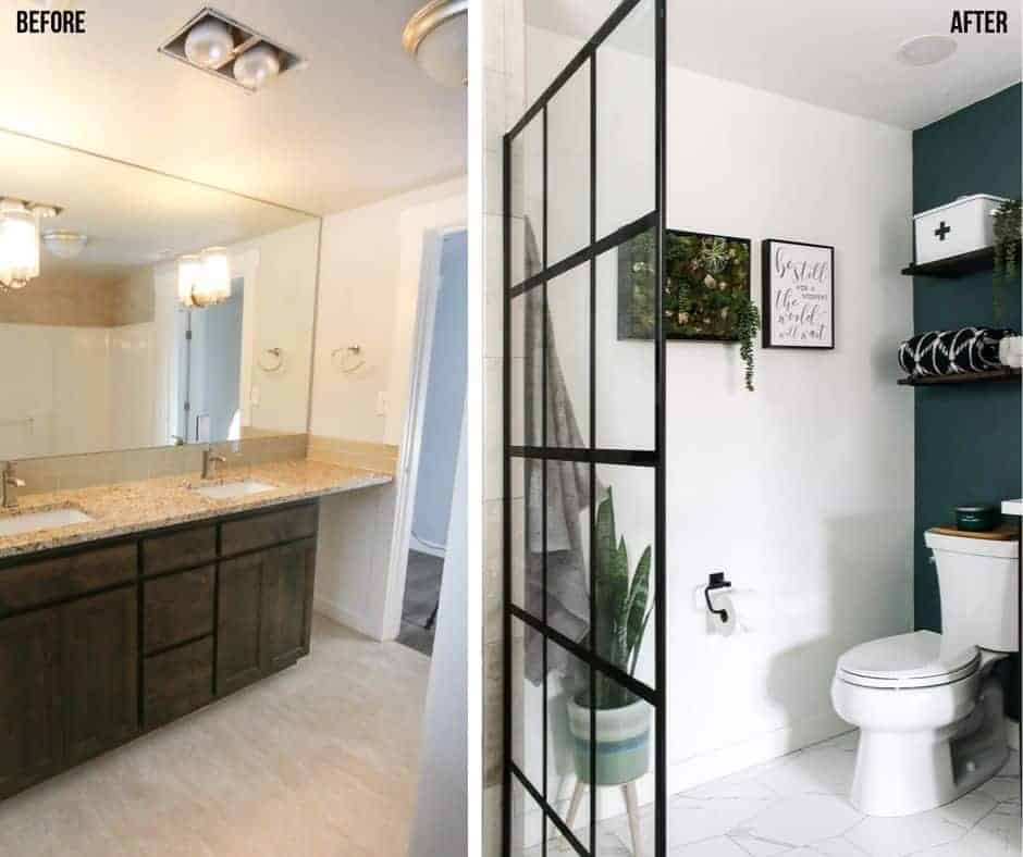 Before picture of the old vanity and after picture of the modern farmhouse bathroom