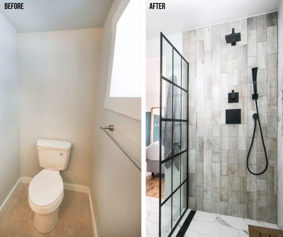 Before picture of the old toilet look and the after picture of the new modern bathroom shower area