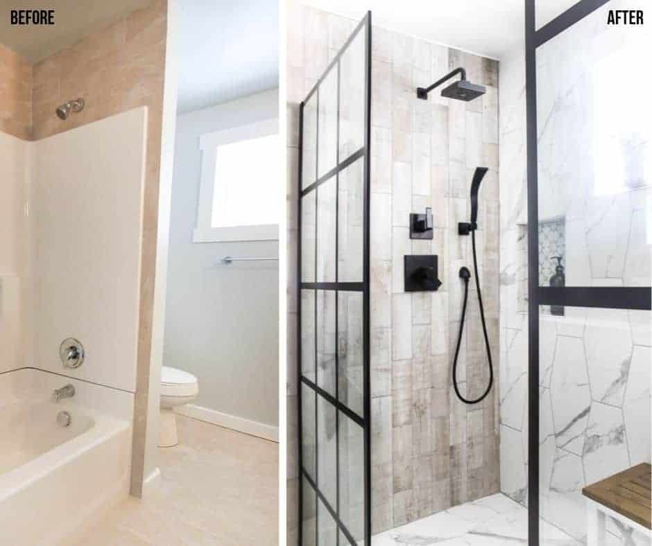 Before and after collage of the bathroom showing pre-made shower bath insert for the before picture and after picture with luxurious black and white shower design with modern finishes 