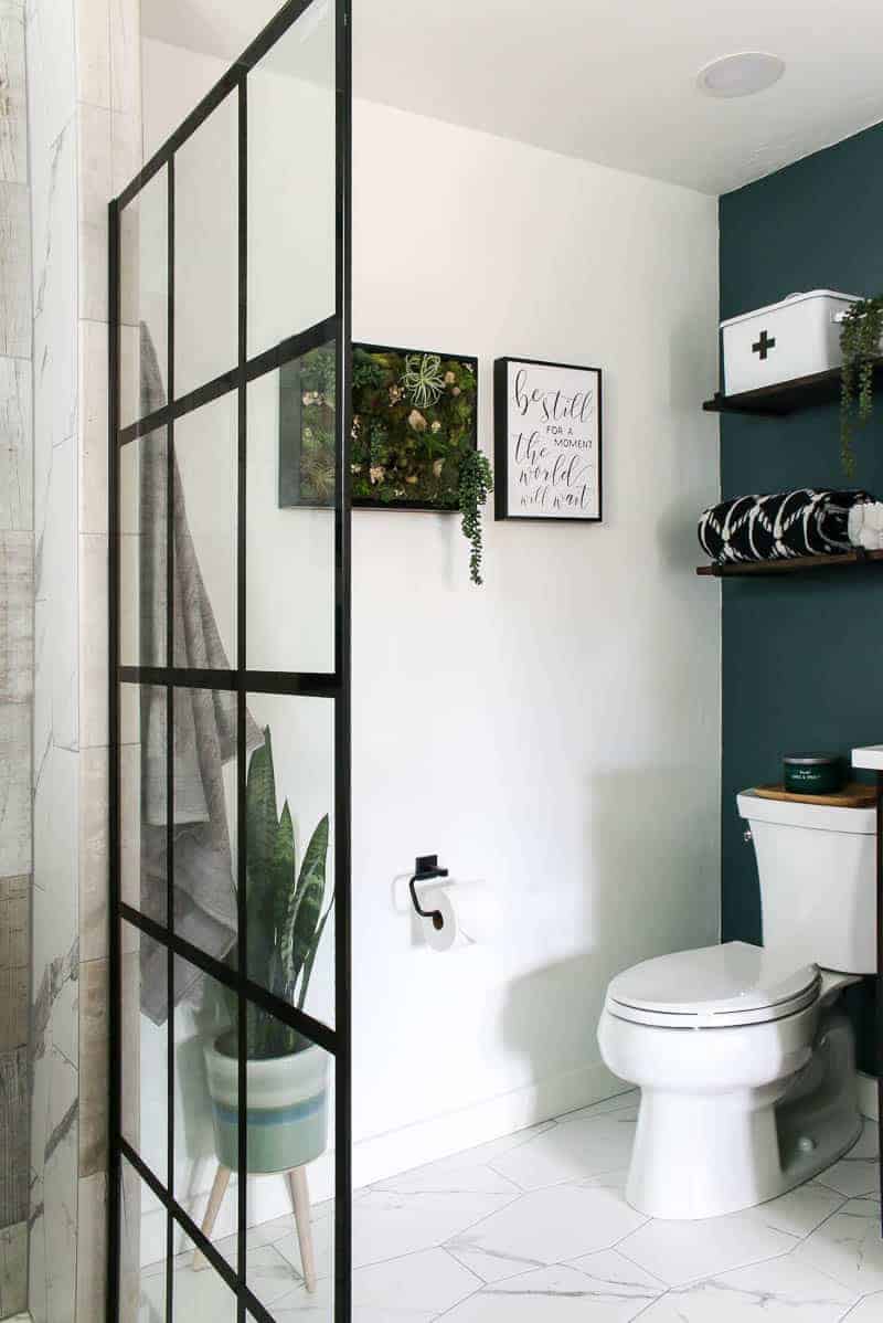 Toilet area with frames on the wall and hanging shelves with first aid kit and bath towel on shelf