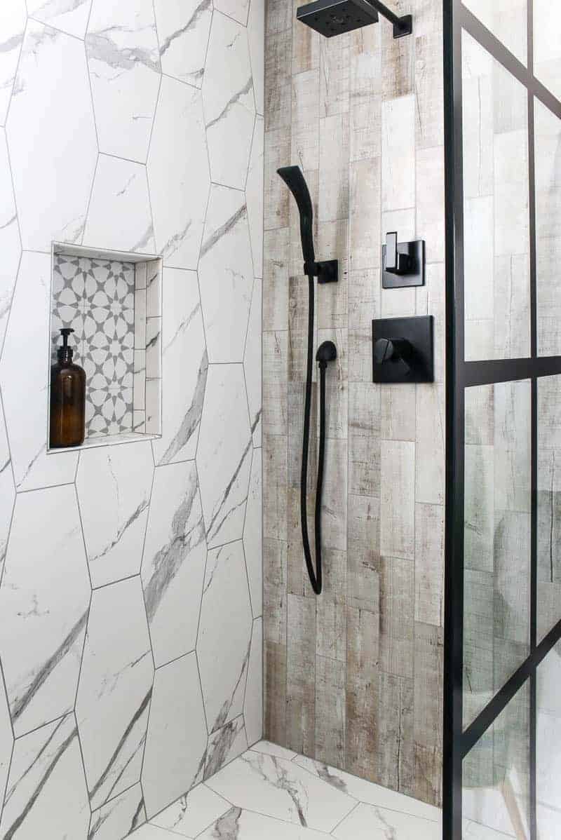 Shower area with the new tiles and look