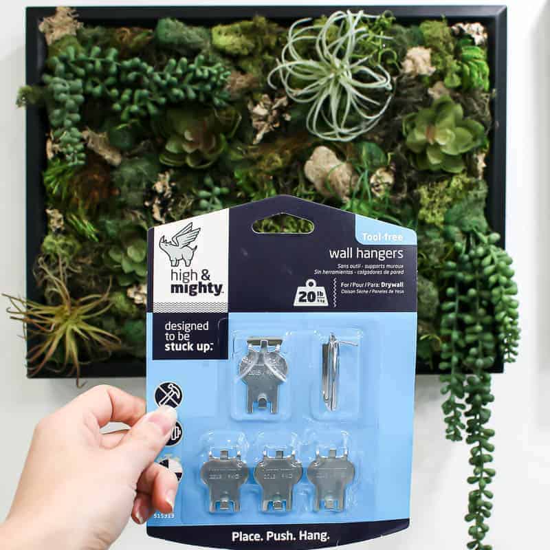 A package of High & Mighty tool-free wall hangers held up in front of our DIY fake succulent wall decor, hanging securely on the wall thanks to the easy to use picture hangers.