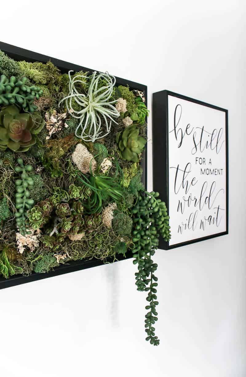 Our completed DIY fake succulent wall decor hangs on the wall next to a black framed art print that reads 