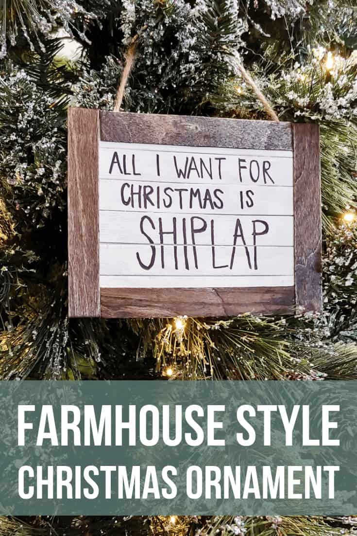 Handmade Christmas ornament hanging on the Chrsitmas tree with text overlay that says Farmhouse Style Christmas Ornament