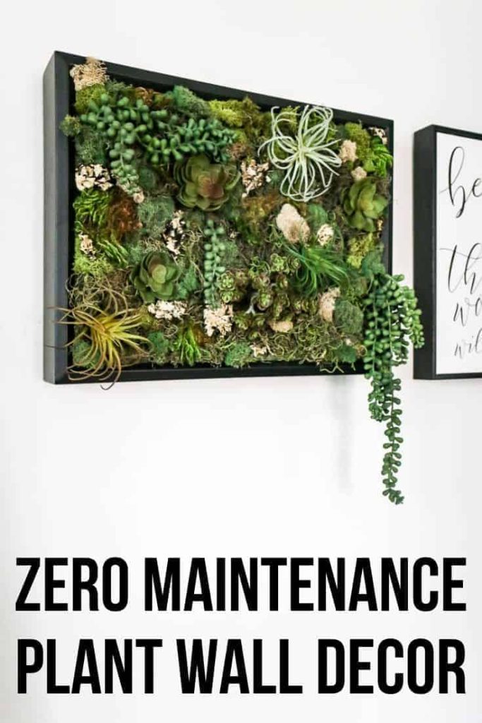 Learn how to make this zero maintenance fake succulent wall decor! A simple framed wall of faux succulents, moss, and greenery hangs on a white wall.