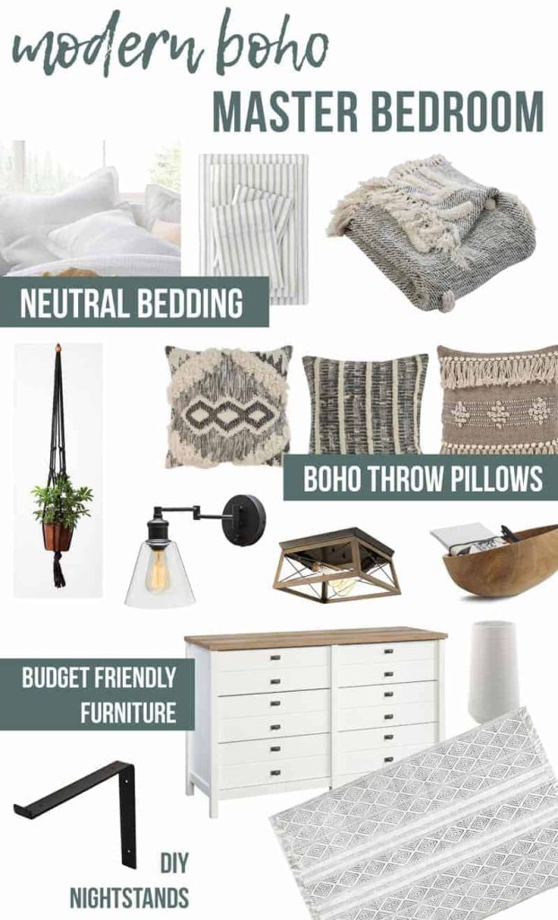 An interior design mood board for a modern boho style master bedroom, including bedding, throw pillows, and budget friendly furniture.