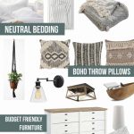Collage of neutral bedding sheets, boho throw pillows, budget friendly furnitures and DIY nightstand with text overlay that says Modern Boho Master Bedroom