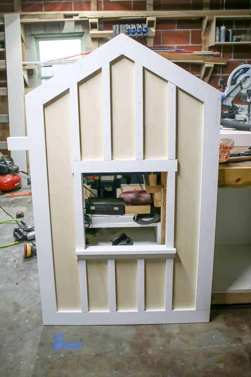 The headboard and footboard of this DIY children's cabin bed. This big kids bed is a fun DIY for a rustic and outdoors theme kids room