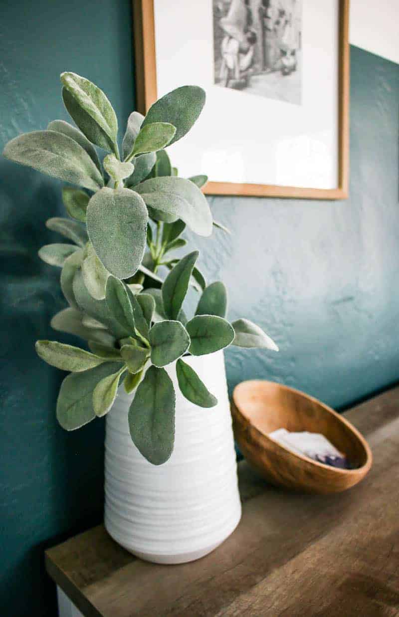 This indoor plant, white vase, and large wood picture frame fit with the modern boho theme in our new green boho bedroom.