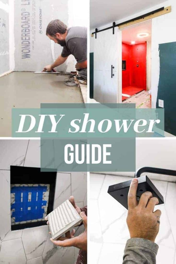 There are four different parts of the shower installation process: putting in a shower base, waterproofing, tiling, and final fixtures. Check out this DIY Shower Guide!
