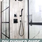 Beige rectangle tile with black shower head and panel windows. Texts says DIY Shower Guide (how to install a shower)