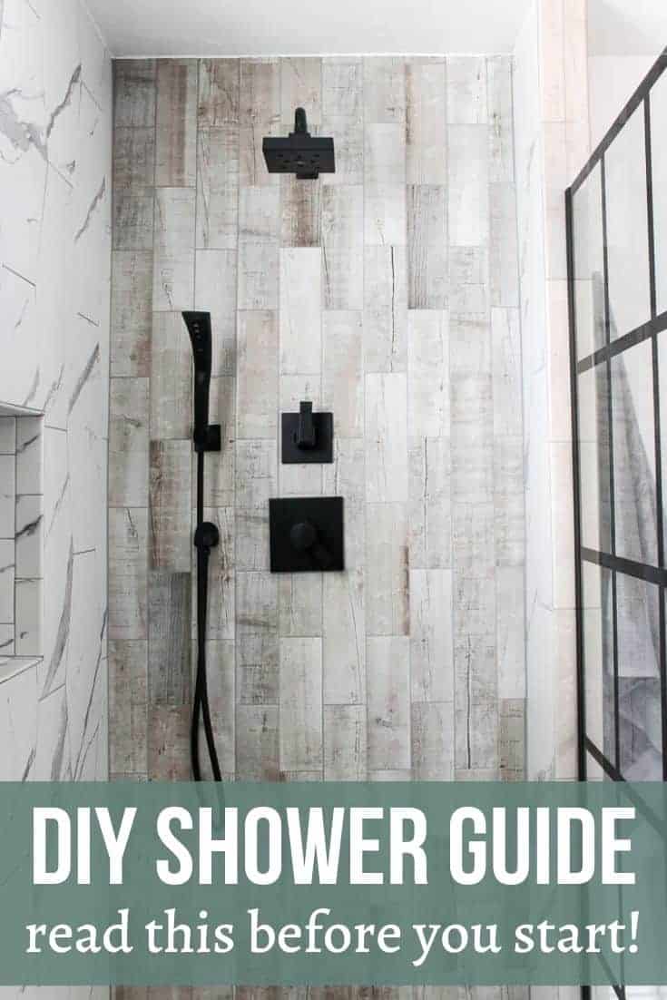 Beige rectangle tile with black shower head and panel windows. Texts says DIY Shower Guide (read this before you start)