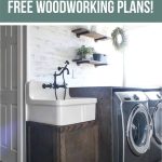 Farmhouse laundry room with farmhouse sink and wood counter over washer and dryer with wood floors and white brick walls. It says DIY sink cabinet free woodworking plans!