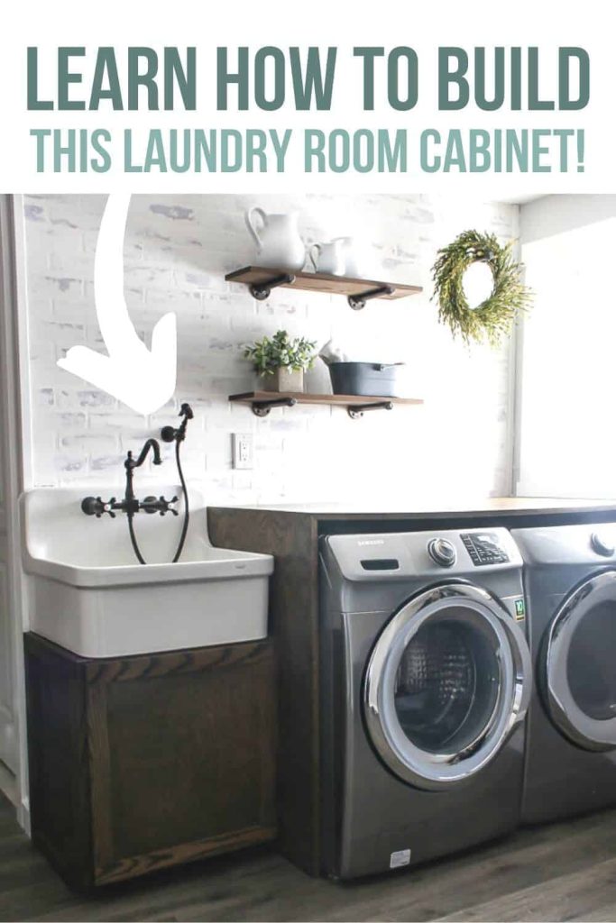 How to build a farmhouse laundry sink cabinet in your farmhouse-style laundry room! Wood working plans and full tutorial included.