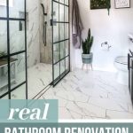 View of bathroom with marble tile and black glass doors and window in shower with text overlay that says real bathroom renovation cost breakdown
