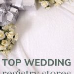 Shows a white table cloth with sliver presents and white roses in top left corner and says top wedding registry stores compared