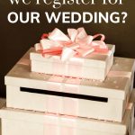 Shows pink present boxed stacked on each other and on top says where should we register for our wedding